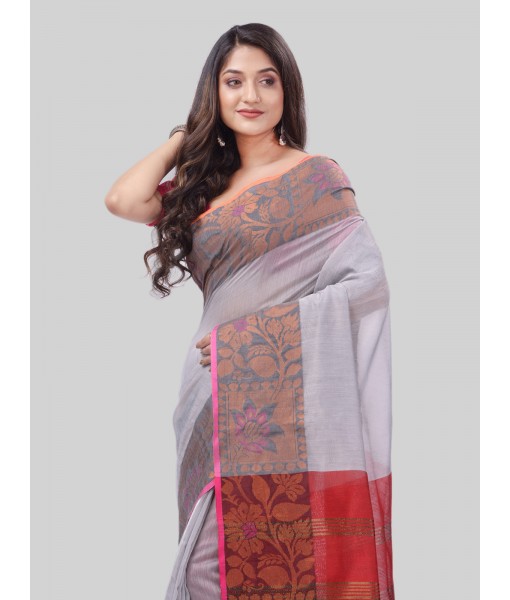 DESH BIDESH Women`s Tant Cotton Silk Handloom Cotton Saree Pushpomala With Blouse Piece(Grey Red)